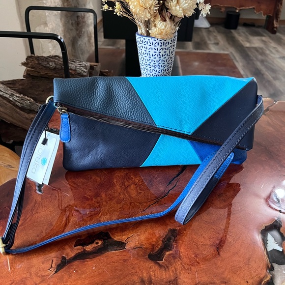 Soruka Mika recycled leather crossbody in ocean color block geometric design NWT - Picture 4 of 8